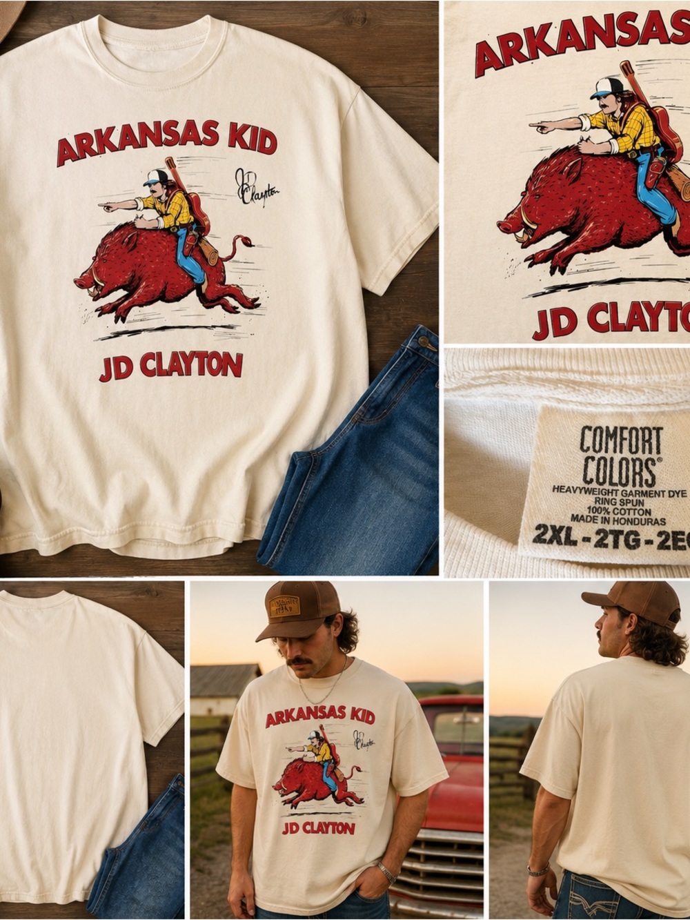 JD Clayton Arkansas Kid T Shirt 2XL Comfort Colors Rodeo Hog Cowboy Western Tee